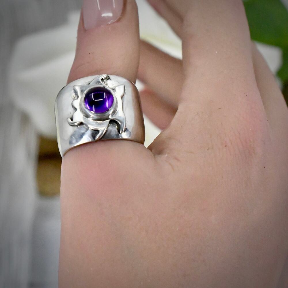 Vintage 925 Sterling Silver Amethyst Sun Ring Unisex Wide Band Size 8 10.9g